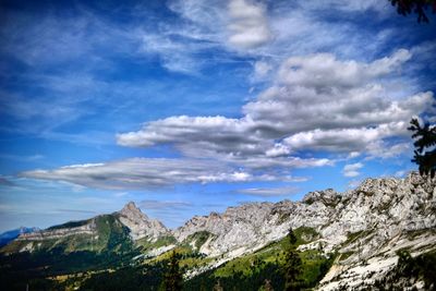 Low angle view of snowcapped mountains against sky