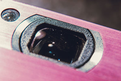 High angle view of camera on table