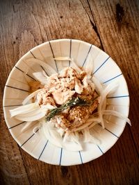 High angle view of food in plate on table