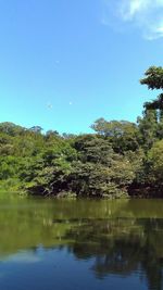 Scenic view of lake against blue sky