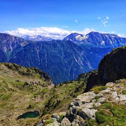 Scenic view of mountains against blue sky