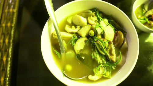 High angle view of chopped vegetables in bowl on table