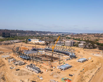 High angle view of construction site against sky