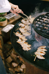 High angle view of food on barbecue grill