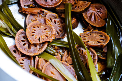 High angle view of food in plate