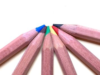 Close-up of multi colored pencils against white background