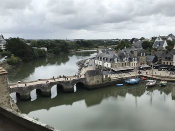 Arch bridge over river against sky