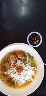 High angle view of soup in bowl