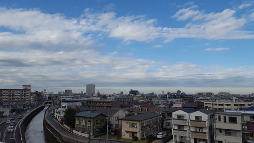 High angle view of buildings against sky