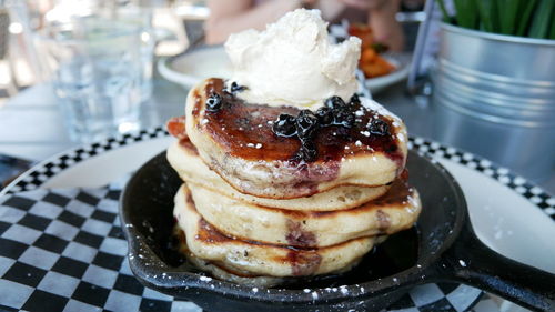 Close-up of pancake in pan on table