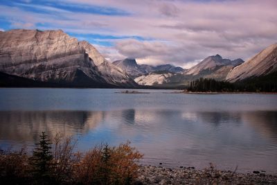 Scenic view of lake by mountains against sky