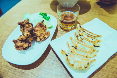 High angle view of food served on table