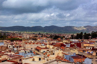 High angle view of townscape against sky