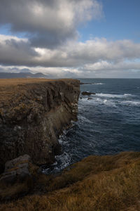 Scenic view of the coast from the viewpoint in arnarstapi in the snaefelsness peninsula, iceland
