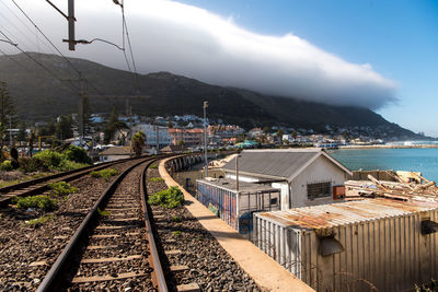 High angle view of railroad tracks by buildings against sky