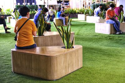 Rear view of people sitting on table