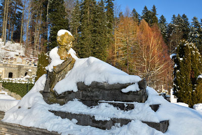 Statue against snow covered trees