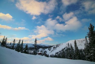 Scenic view of snow covered mountains against sky