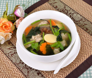 High angle view of soup in bowl on table