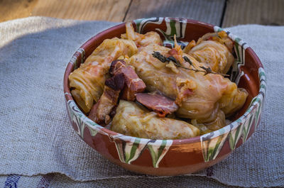 High angle view of meat in bowl on table