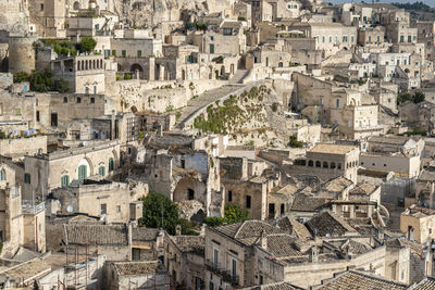 High angle view of buildings in matera city