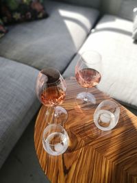 High angle view of wine glass on table