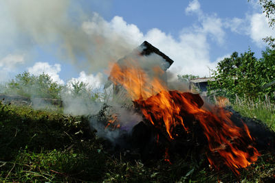 View of bonfire on field