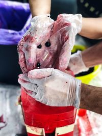 Cropped image of hands putting blueberries in juicer