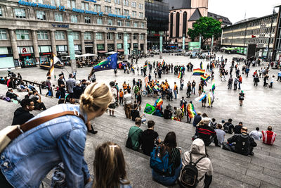 High angle view of people on road in city