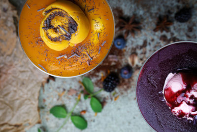 High angle view of orange slices in bowl on table