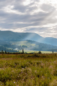 Scenic view of field and mountains against cloudy sky