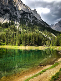 Scenic view of lake by trees against sky