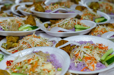 High angle view of meal served on table