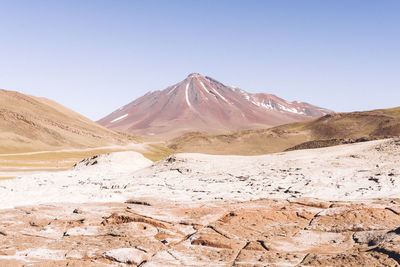 Scenic view of snowcapped mountains against clear blue sky