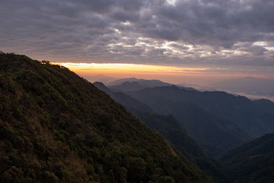 Scenic view of mountains against sky during sunset