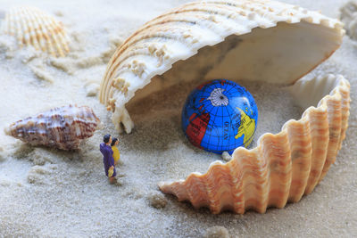 Close-up of seashell with figurine and globe on beach