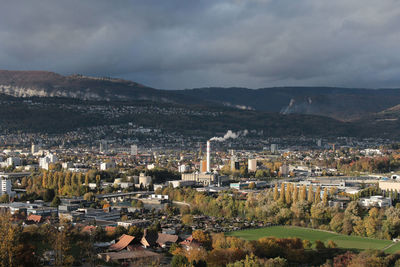 High angle view of townscape against sky