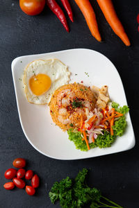 High angle view of breakfast served on table