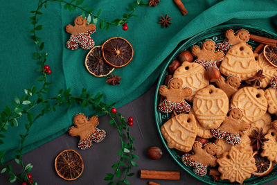 High angle view of cookies on table