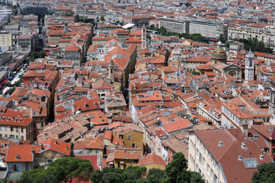 High angle view of buildings in city