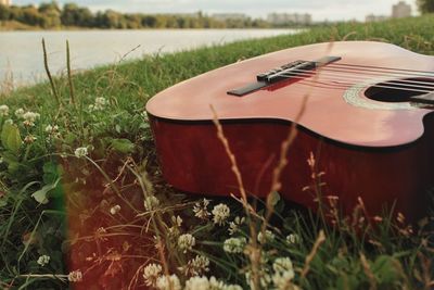 View of guitar on field