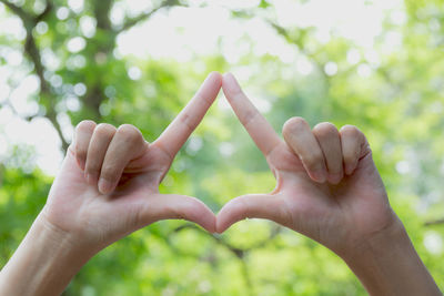 Close-up of hand holding making triangle shape against trees