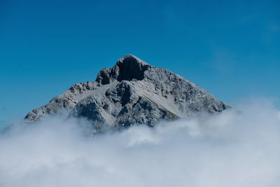 Low angle view of snowcapped mountain against blue sky