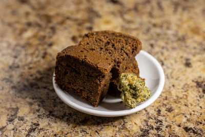 High angle view of cake in plate on table