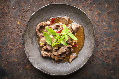 High angle view of food in plate on table