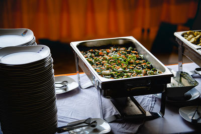 High angle view of various food on table