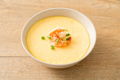 High angle view of soup in bowl on table