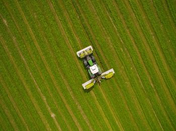 Aerial view of tractor on agricultural field