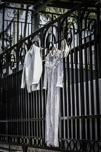 Low angle view of clothes drying on railing