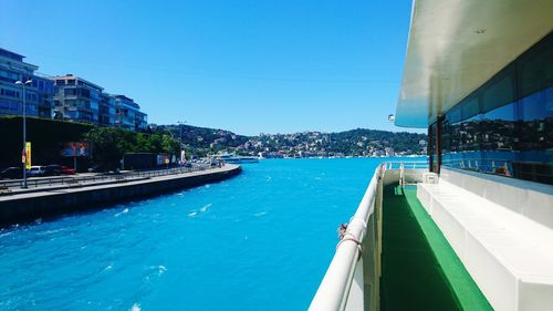 Panoramic view of sea against clear blue sky